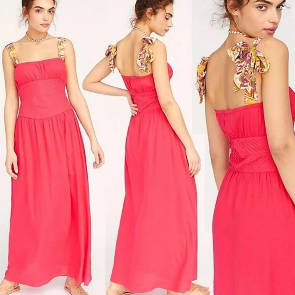 Free People Hot Pink Tropical Bow Strap Maxi Dress Size 0 Boho Feminine Dainty